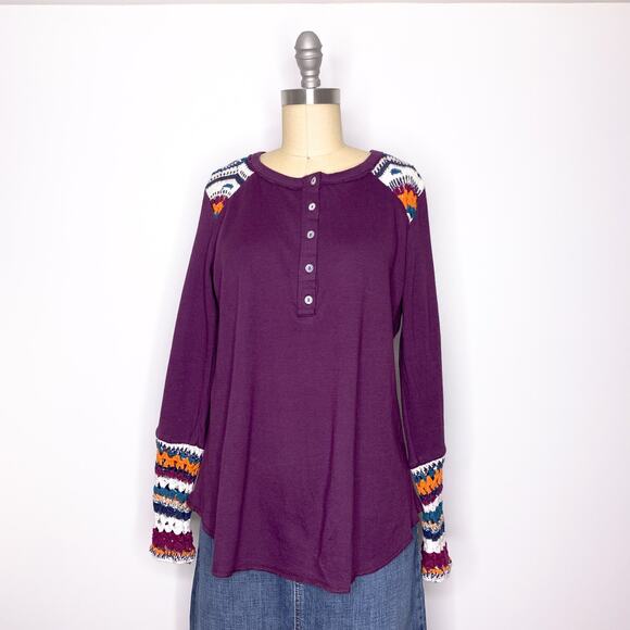 Sundance Vintage Vibes Crochet Henley M Purple 100% Cotton Colorful Top Boho - Picture 3 of 6